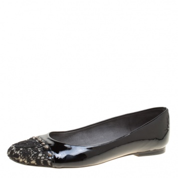 Pre Owned Stuart Weitzman Black Patent Leather Lace Cap Toe Ballet Flats Size 37