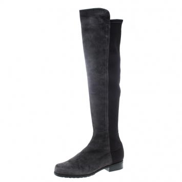 Pre Owned Stuart Weitzman Grey/Black Suede and Fabric 50:50 Knee High Boots Size 37