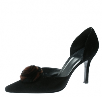 Pre Owned Stuart Weitzman Black Suede Fur Pom Pom D'orsay Pumps Size 37.5