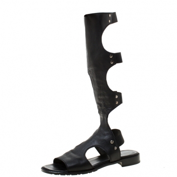Pre Owned Stuart Weitzman Black Leather Backview Flat Sandals Size 37.5