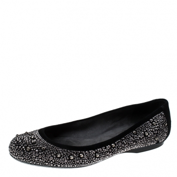 Pre Owned Stuart Weitzman Black Suede Embellished Ballet Flats Size 37.5