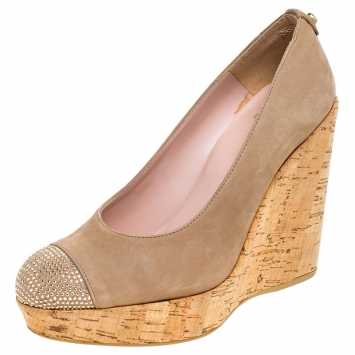 Pre Owned Stuart Weitzman Nubuck Embellished Cork Wedge Platform Pumps Size 37