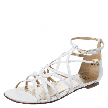 Pre Owned Stuart Weitzman White Leather Staycool Flat Sandals Size 38