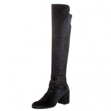 Pre Owned Stuart Weitzman Black Stretch Velvet Over The Knee Block Heel Boots Size 38
