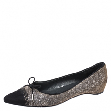 Pre Owned Stuart Weitzman Glitter Fabric And Black Suede Bow Pointed Cap Toe Ballet Flats Size 38.5