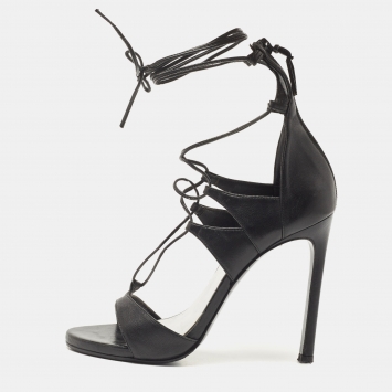 Pre Owned Stuart Weitzman Black Leather Lace Up Sandals Size 37.5