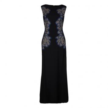 Pre Owned Tadashi Shoji Black Lace Applique Side Panel Detail Embellished Sleeveless Gown S