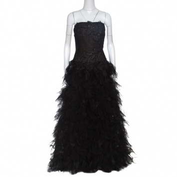 Pre Owned Tadashi Shoji Black Tulle Embroidered Faux Feather Strapless Gown M