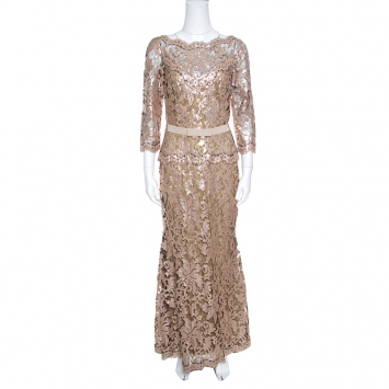 Pre Owned Tadashi Shoji Pink and Black Lace Sequined Long Sleeve Boat Neck Gown S