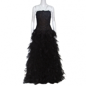 Pre Owned Tadashi Shoji Black Tulle Embroidered Faux Feather Strapless Gown M