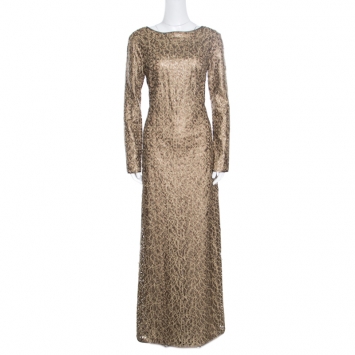 Pre Owned Tadashi Shoji Gold Laser Cut Embroidered Leatherette Long Sleeve Boat Neck Gown M
