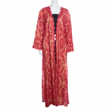 Pre Owned Tadashi Shoji Red Lurex Embroidered Lace Front Open Hazelle Long Jacket S