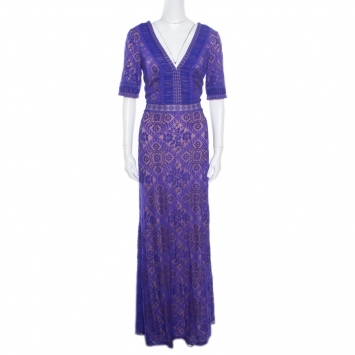 Pre Owned Tadashi Shoji Wisteria Collaged Floral Lace Plunge Neck Landry Evening Gown L