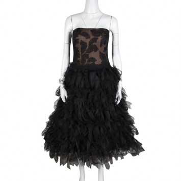 Pre Owned Tadashi Shoji Black Tulle Embroidered Faux Feather Strapless Dress L
