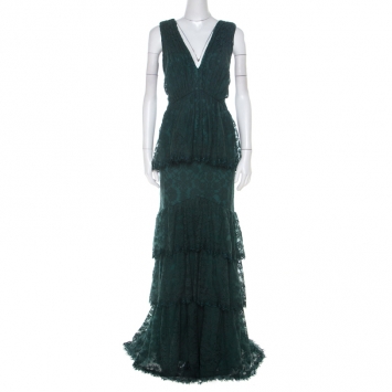 Pre Owned Tadashi Shoji Forest Green Tiered Lace Overlay Sleeveless Marquis Gown XL