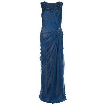 Pre Owned Tadashi Shoji Pleated Lace Navy Gown M