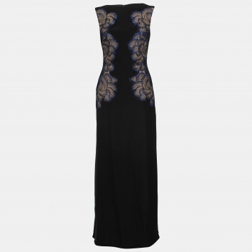 Pre Owned Tadashi Shoji Black Lace Applique Side Panel Detail Embellished Sleeveless Gown S