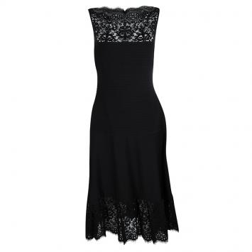 Pre Owned Tadashi Shoji Black Pintucked Jersey Lace Detail A-Line Dress XL