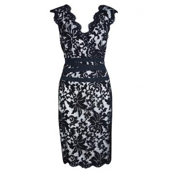 Pre Owned Tadashi Shoji Navy Blue Embroidered Lace Scalloped Edge Sleeveless Dress L