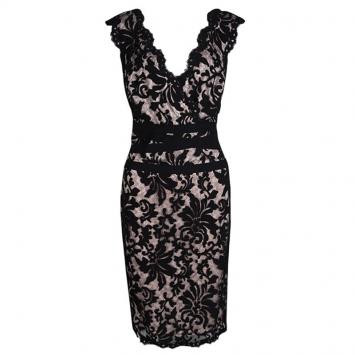 Pre Owned Tadashi Shoji Black And Blush Pink Embroidered Lace Sleeveless Dress M