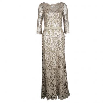 Pre Owned Tadashi Shoji Pink and Black Lace Sequined Long Sleeve Boat Neck Gown S
