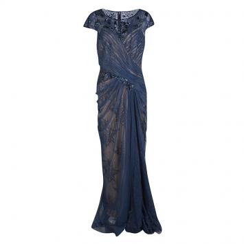 Pre Owned Tadashi Shoji Blue Embellished Lace Detail Cap Sleeve Asymmetric Gown L