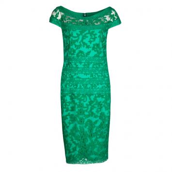 Pre Owned Tadashi Shoji Green Floral Embroidered Boat Neck Sheath Dress S