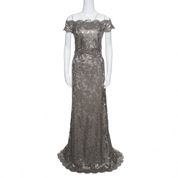 Pre Owned Tadashi Shoji Dull Gold Sequined Off Shoulder Evening Gown XL