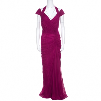 Pre Owned Tadashi Shoji Fuschia Off Shoulder Ruched Detail Halter Evening Gown L