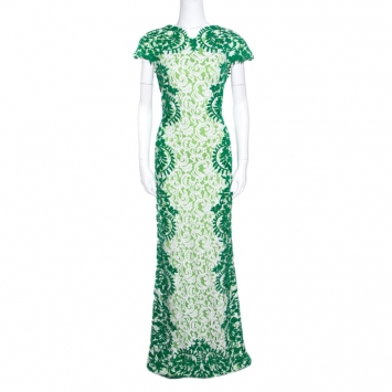 Pre Owned Tadashi Shoji Green and White Lace Cap Sleeve Mermaid Gown L