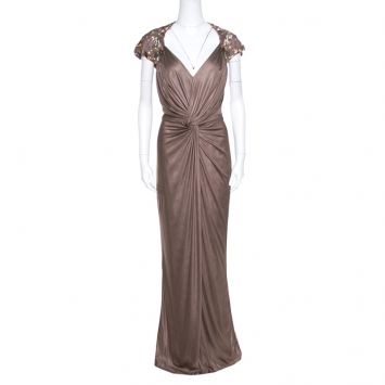Pre Owned Tadashi Shoji Brown Draped Knit Cutout Back Detail Embellished Gown L
