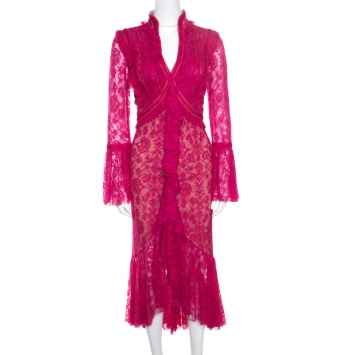 Pre Owned Tadashi Shoji Fuchsia Lace Overlay Detail Ruffle Front Asymmetric Marcellus Dress M