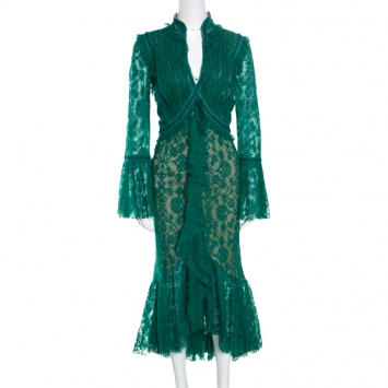 Pre Owned Tadashi Shoji Green Lace Overlay Detail Ruffle Front Asymmetric Marcellus Dress L