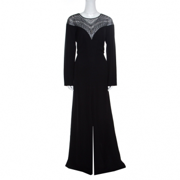 Pre Owned Tadashi Shoji Black Embellished Long Sleeve Slit Detail Katana Gown L