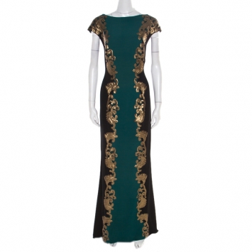 Pre Owned Tadashi Shoji Black and Green Embellished Side Panel Detail Boat Neck Gown XL