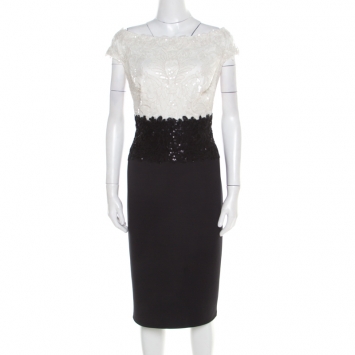Pre Owned Tadashi Shoji Monochrome Embellished Corded Bodice Detail Iwaki Dress XL