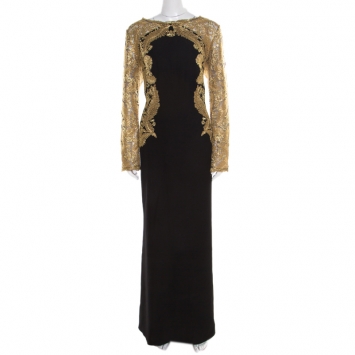 Pre Owned Tadashi Shoji Black Knit Metallic Lace Detail Long Sleeve Kinglet Gown XL