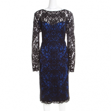 Pre Owned Tadashi Shoji Black Lace Overlay Bateau Neck Sheath Dress XL
