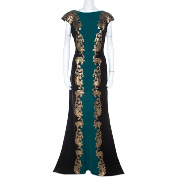 Pre Owned Tadashi Shoji Emerald Green and Black Sequin Paillette Applique Evening Gown L