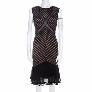 Pre Owned Tadashi Shoji Black Perforated Knit Sheer Paneled Sleeveless Flounce Dress XS