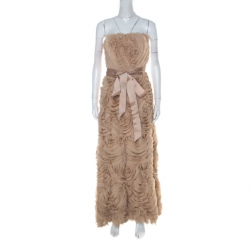 Pre Owned Tadashi Shoji Beige Chiffon and Tulle Floral Ruffle Applique Strapless Gown M 