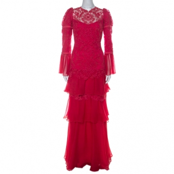 Pre Owned Tadashi Shoji Pink Chiffon and Lace Tiered Moreau Gown S