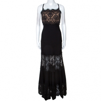 Pre Owned Tadashi Shoji Black Lace Insert Pintuck Detail Evening Gown L