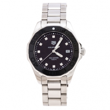 Pre Owned Tag Heuer Black Mother Of Pearl Ceramic Diamonds Aquaracer WAY131M Women's Wristwatch 35 mm
