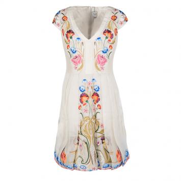 Pre Owned Temperley London Beige Toledo Embroidered V- Neck Silk Pleated Dress L