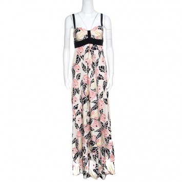 Pre Owned Temperley Beige Rose Printed Silk Contrast Trim Waterfall Gown M