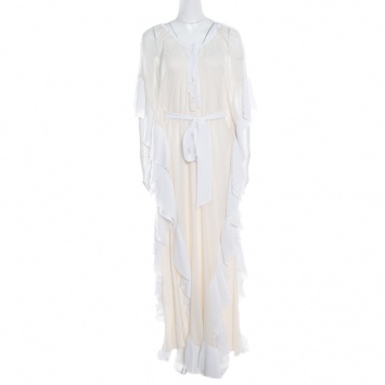 Pre Owned Temperley Cream Silk Pleated Border Detail Belted Keira Kaftan Maxi Dress L
