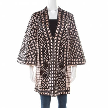 Pre Owned Temperley London Pink and Black Embroidered Silk Flared Sleeve A Line Coat S
