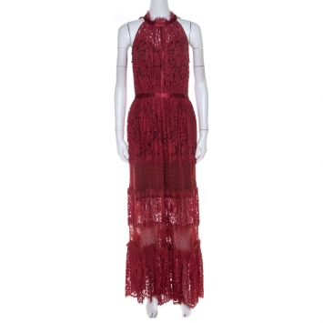 Pre Owned Temperley London Red Floral Sheer Lace Tiered Sleeveless Maxi Dress M