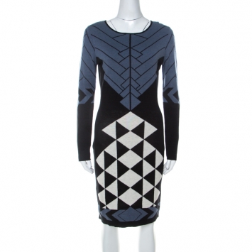 Pre Owned Temperley Black and Blue Knit Fitted Amedee Dress L 